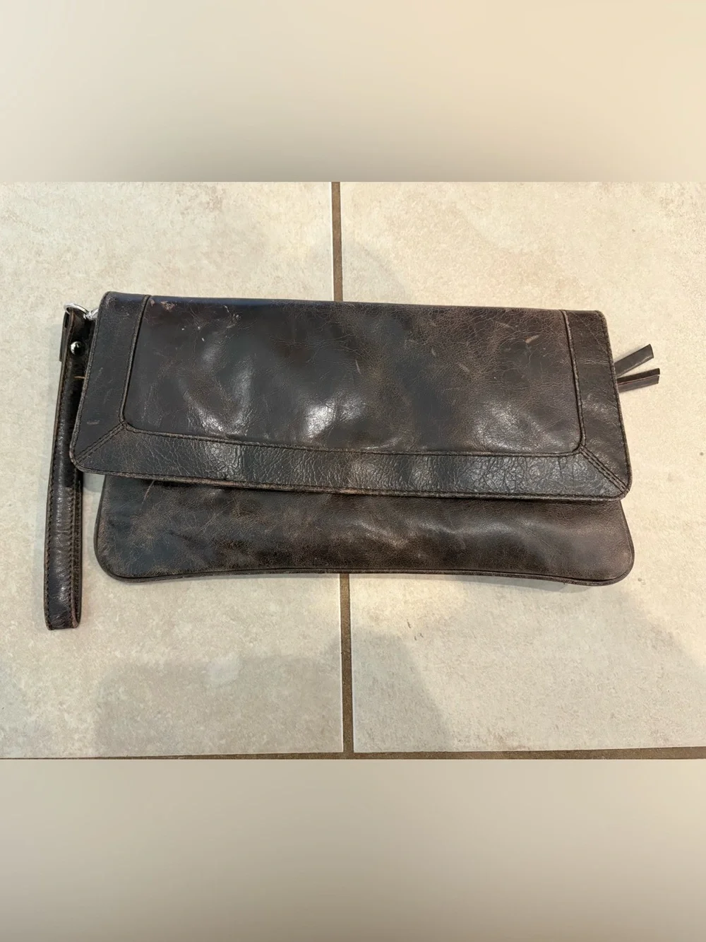 Distressed Brown Leather Foldover Clutch Wristlet with Map Print Lining